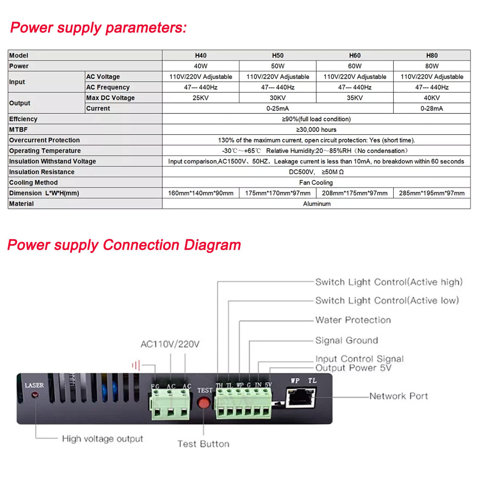 MCWlaser 40W CO2 Laser Tube 70cm M40 & 40W Laser Power Supply 110V