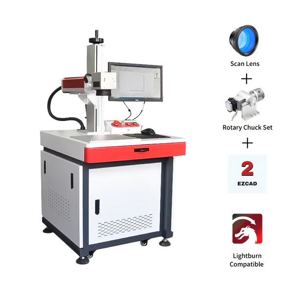 MCWlaser 20W 30W 50W Cabinet Type Raycus Fiber Laser Engraver Marking Machine With 8.7” X 8.7“ Working Area &amp; D80 Rotary Axis