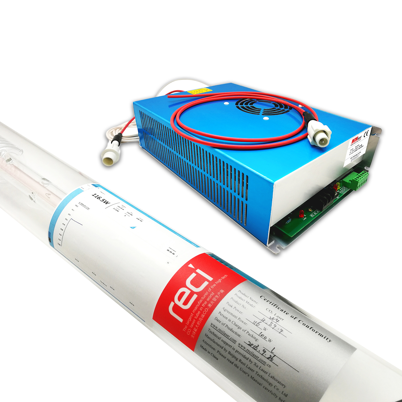 RECI CO2 Laser Tube  W4 100W(Peak 130W) 1400mm Laser Tube + DY20 110V/220V Power Supply