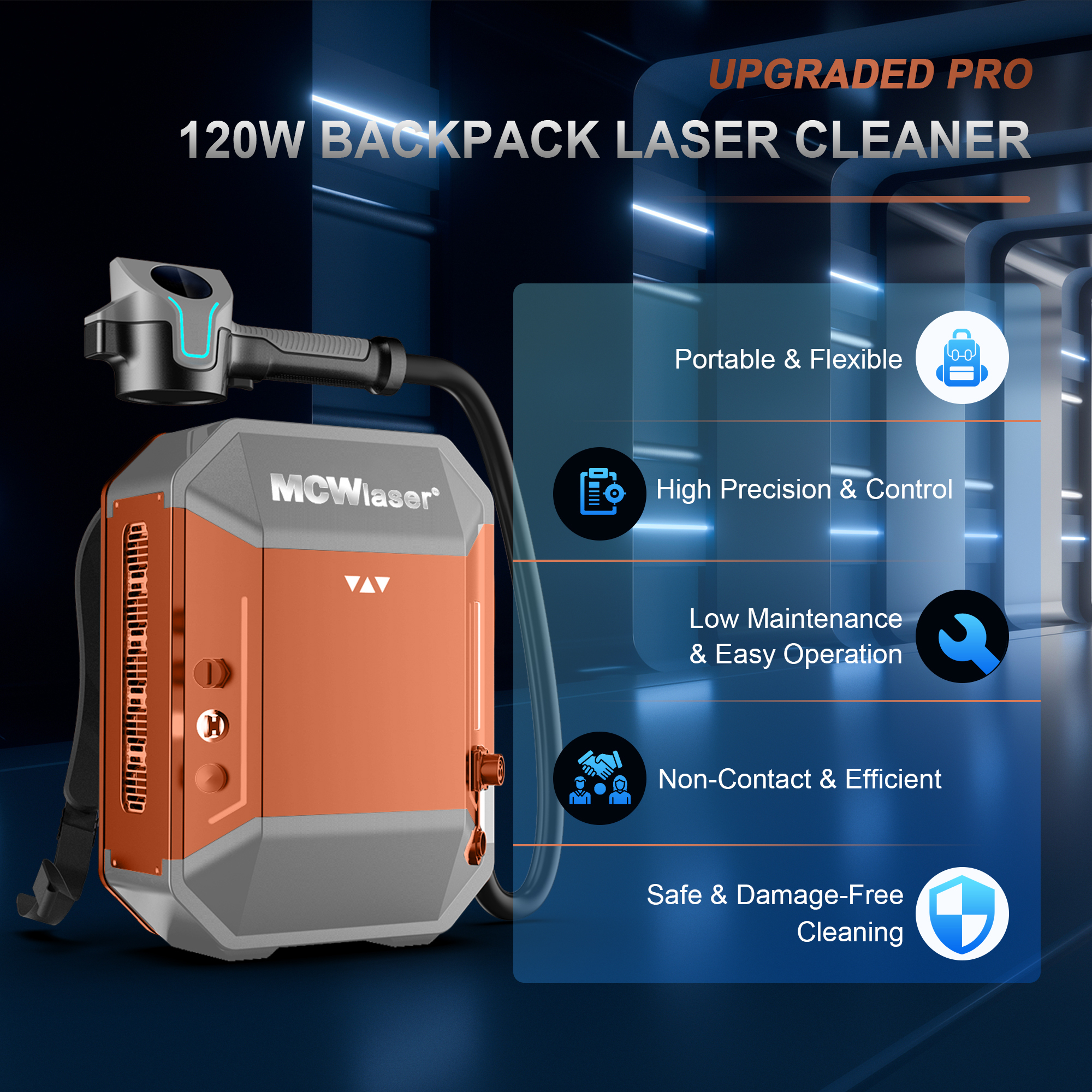 MCWlaser Pulsed Laser Cleaning Machine 100W Portable Laser Rust Removal Cleaner for Metal Laser Paint Removal Backpack Design