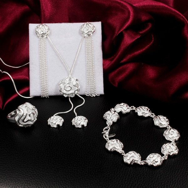 Women Fine Rose flower 925 Stamp Silver color rings necklace bracelet earrings Jewelry set fashion Party wedding Christmas gifts