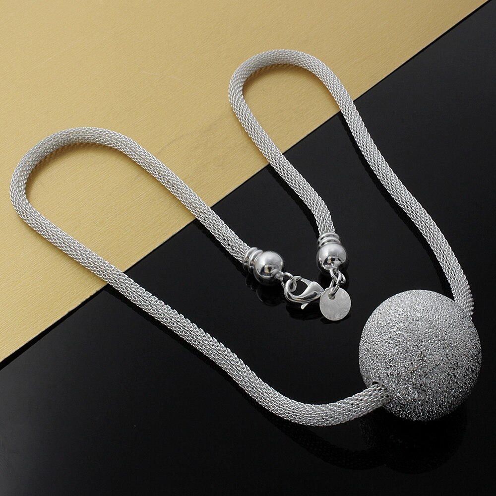 Hot 925 Stamp Silver color Necklace For Women Jewelry romantic Net Chain Frosted large beads Pendant gifts Wedding party