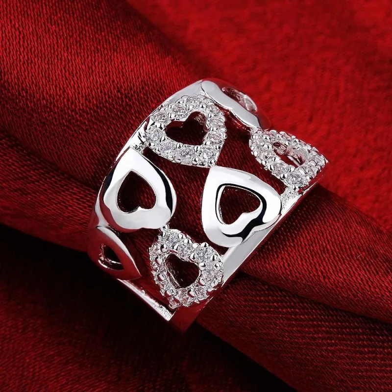 Hot new 925 Stamp Silver color Rings For Women wide fine crystal heart Fashion Party Gift Girl Charm wedding luxury Jewelry