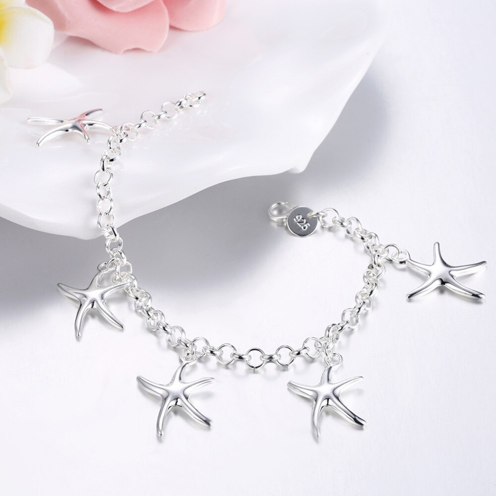 Special offer fashion 925 Stamp Silver color Bracelet for woman five starfish Pendant chain jewelry Wedding party Christmas gift