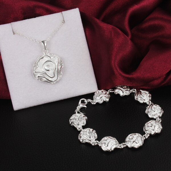 Hot 925 Stamp Silver color beautiful rose flower Bracelets necklaces Jewelry set for women fashion Party wedding Christmas gifts