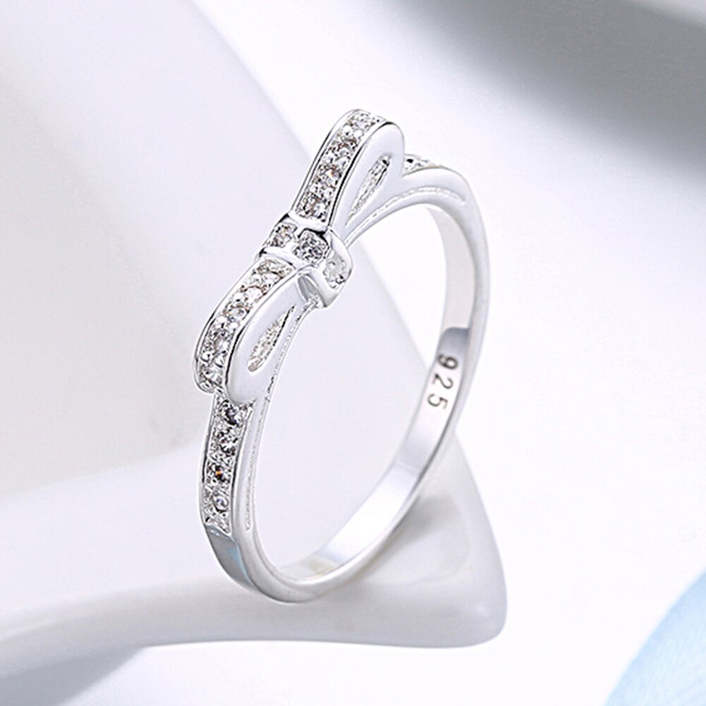 Luxury charm 925 Stamp Silver color Rings For Women Simple Bowknot crystal size 6-9 Fashion Party Gifts wedding diamond Jewelry