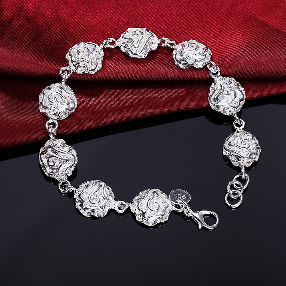 Hot sale fashion 925 Stamp Silver color Bracelet for woman Pretty Rose flower chain Wedding party Christmas Gifts good Jewelry