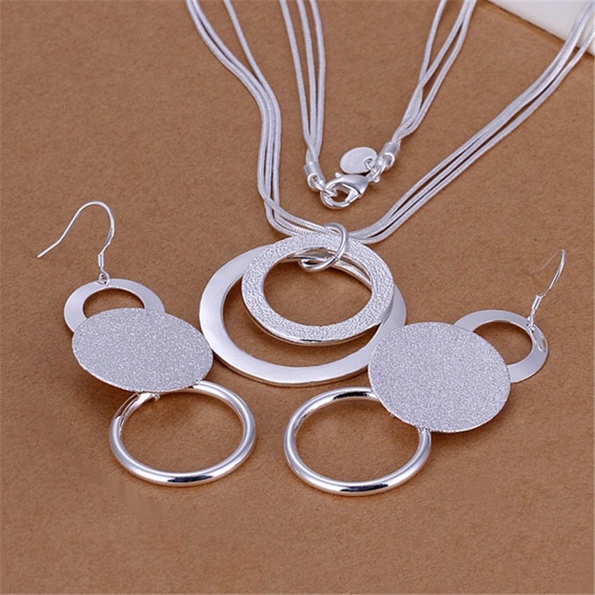 Elegant lady Frosted circle wedding party Charm 925 Stamp Silver color earrings necklace Jewelry set for Women Fashion gift