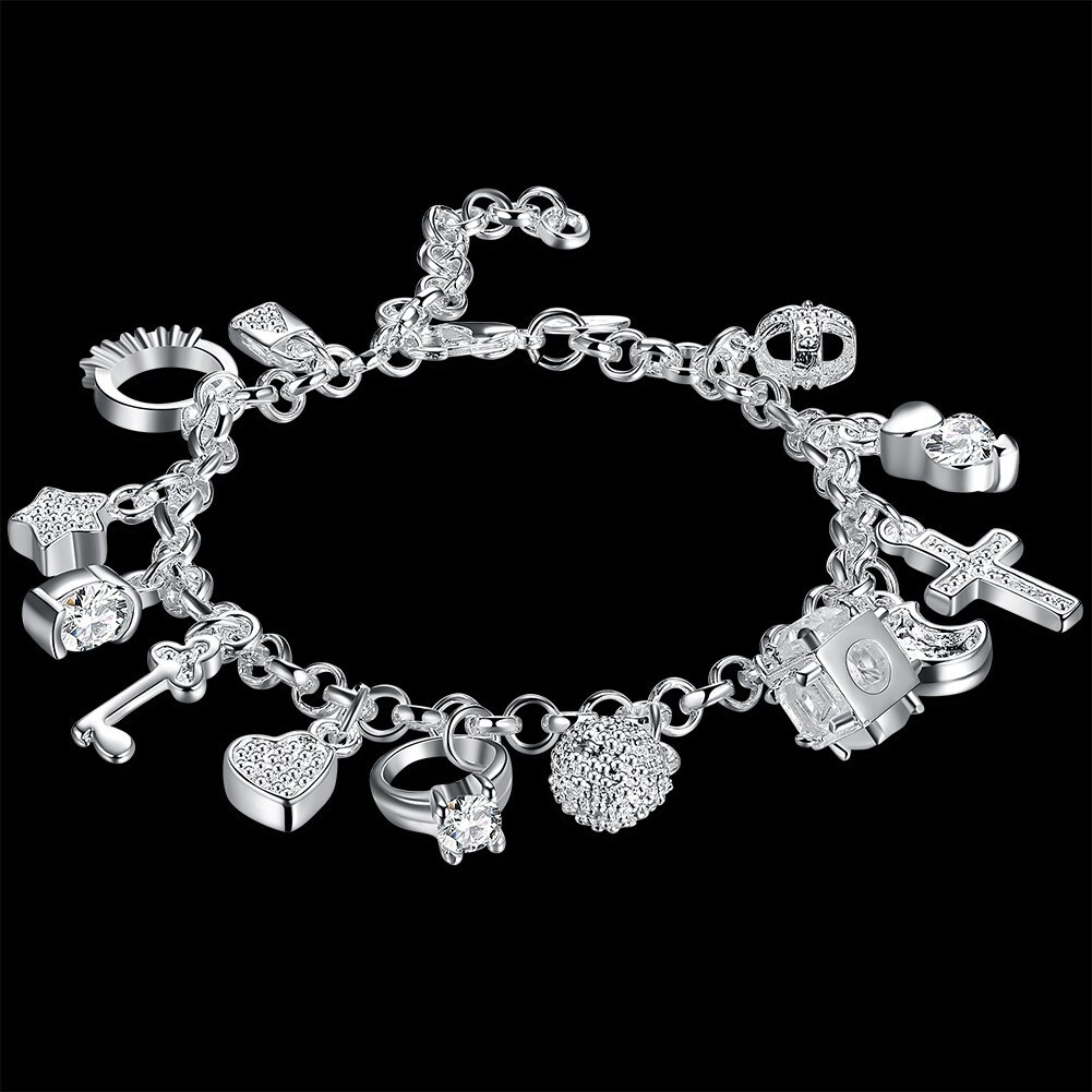 Hot 925 Stamp Silver color Crystal cross heart Moon stars Bracelets necklace Jewelry set for Women Fashion Party Christmas Gifts