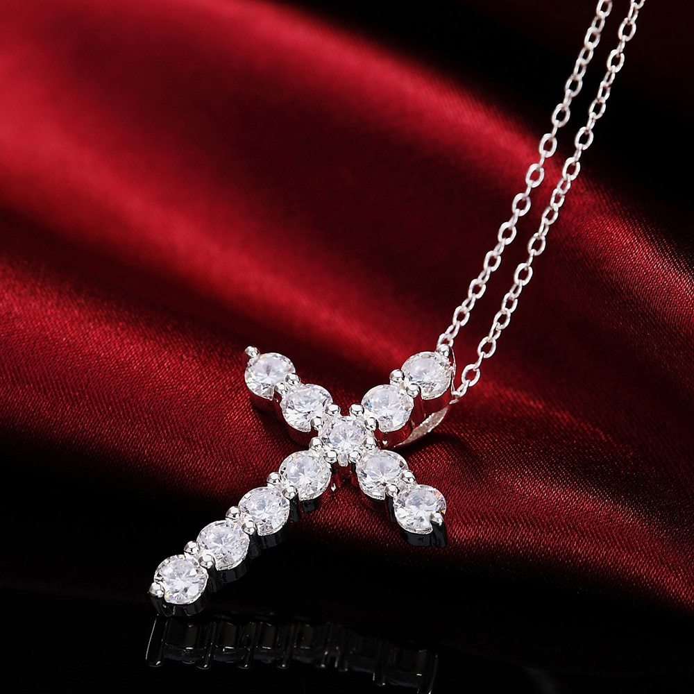 Luxury 925 Sterling Silver Necklace For Women Shiny crystal cross Pendant 18 inch Fashion wedding party Jewelry Christmas Gifts