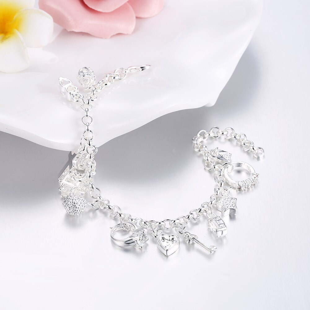 Hot sale fashion 925 Stamp Silver color Bracelet for woman Pretty heart Zircon Pendant chain Wedding party Gifts classic Jewelry