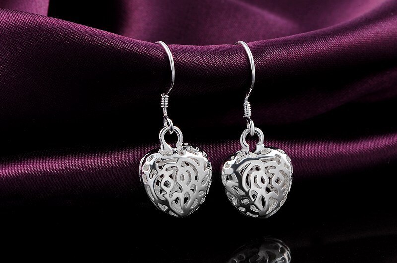 High Quality Jewelry  charm 925 Stamp Silver color Hollow Heart Earring for Woman  Fashion Bohemian Style lady Christmas Gifts