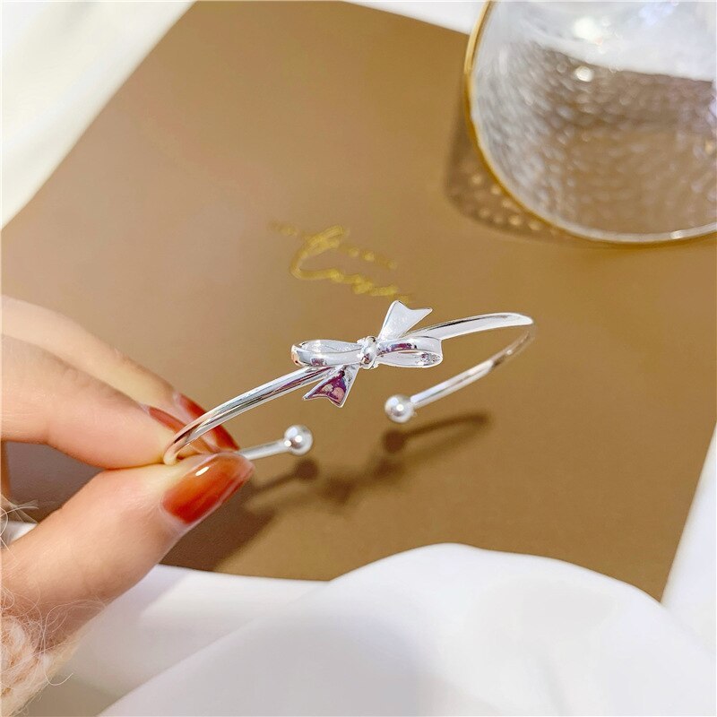 New 925 Stamp Silver color Cute romantic bow Bangles for women bracelets fashion party wedding accessories jewelry gifts