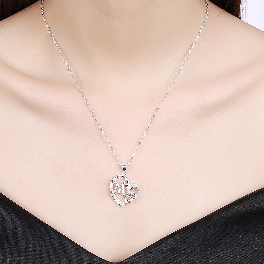 Romantic 925 Stamp Silver color Charm MOM AAA Zircon Heart Pendant Necklace For Women Fashion Jewelry 18 inches Gifts