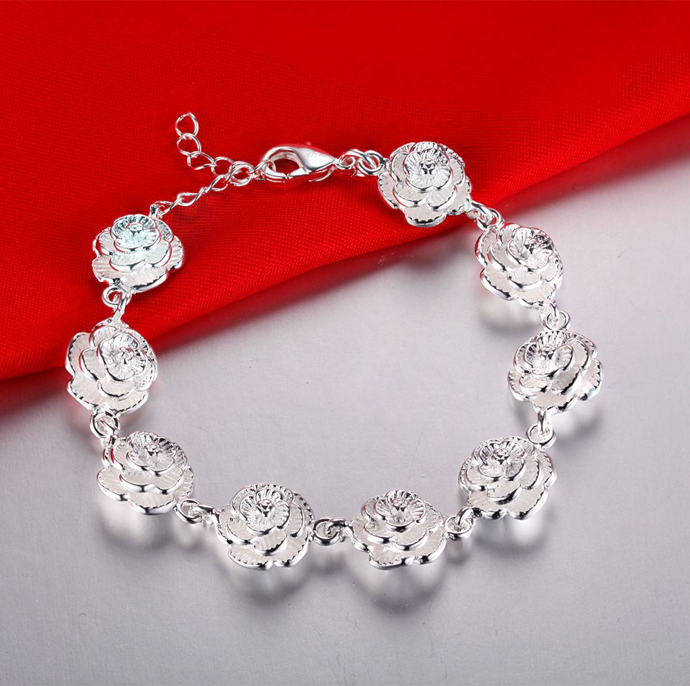 New 925 Stamp Silver color Full Rose Flower Chain Bracelet For Women elegant Fashion classic Wedding Party Gifts fine Jewelry