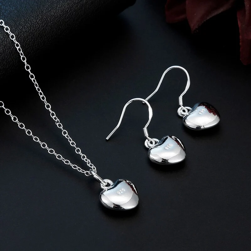 New charm 925 Stamp Silver color Romantic heart pendant necklaces earrings for women fashion wedding engagement Jewelry Sets