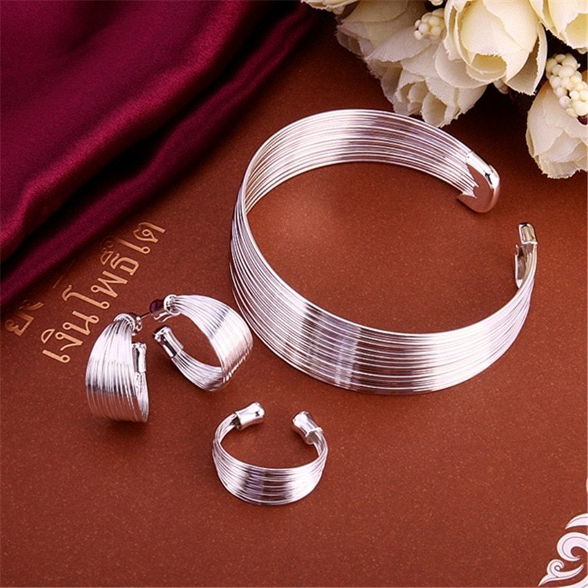Adjustable Retro Multi-line bangle 925 Stamp Silver color earrings rings Bracelet Jewelry set women fine Fashion Party gift