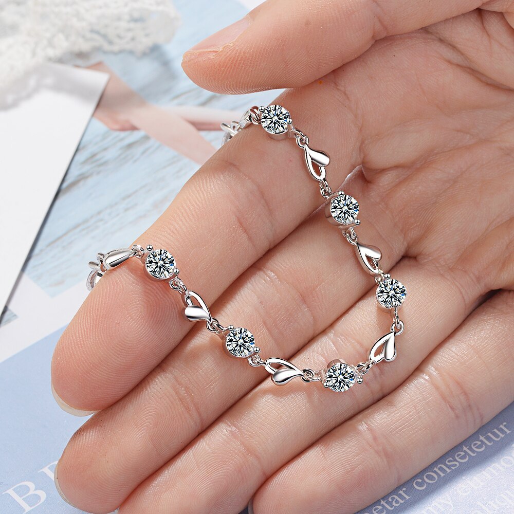 925 Stamp Silver color Zircon Lovers Heart Shaped Bracelets crystals  For Women Valentines Gift Wedding party noble Jewelry