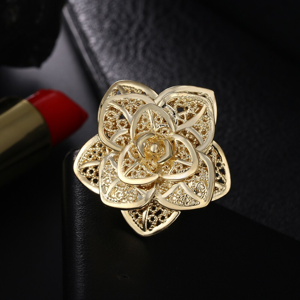 925 Stamp Silver color 18K gold PLATED  big flower Rings For Women adjustable Fashion Wedding Party gift lady fine luxery Jewelry