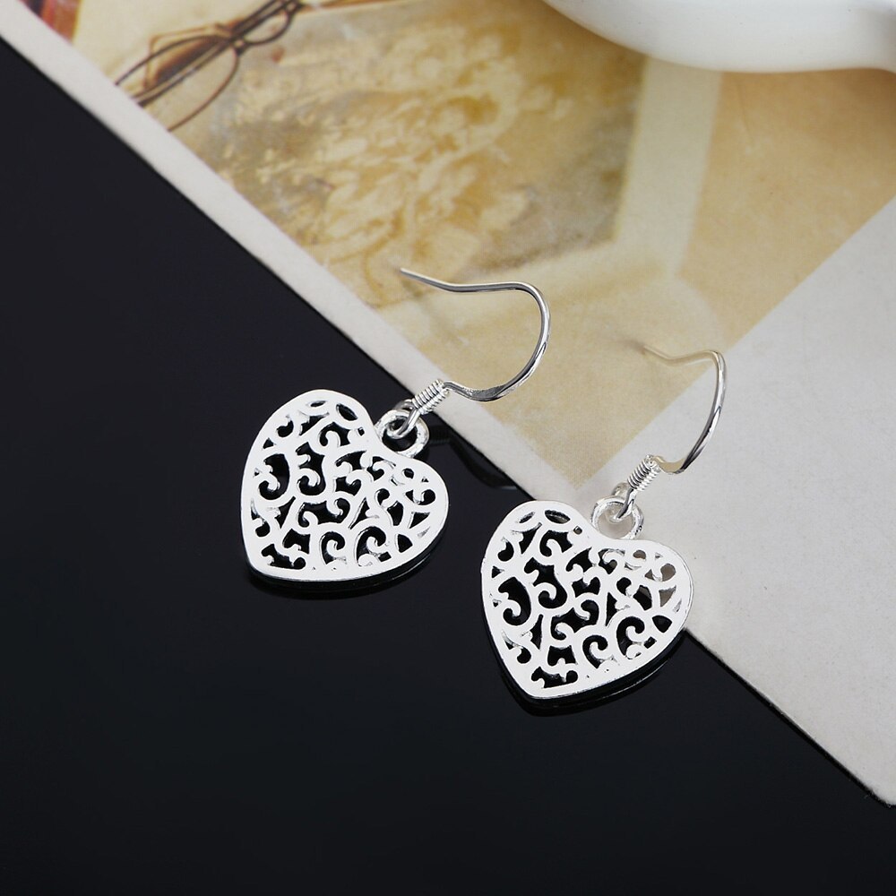 Special offer 925 Stamp Silver color heart Earrings for Women elegant fashion Jewelry Christmas Gift party wedding long earrings