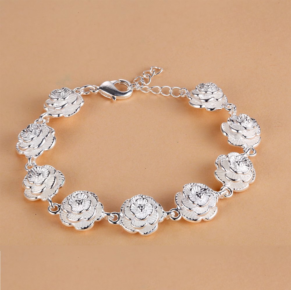 New 925 Stamp Silver color Full Rose Flower Chain Bracelet For Women elegant Fashion classic Wedding Party Gifts fine Jewelry