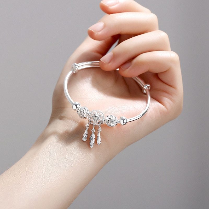 Adjustable 925 Stamp Silver color Bangle Dreamcatcher Tassel Feather Round Bead Charm Bracelet Cuff For Women Elegant wedding