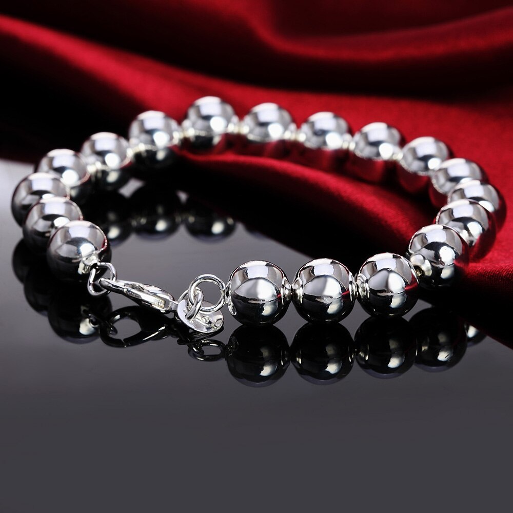 Hot sale fashion 925 Stamp Silver color Bracelet for man woman classic 10MM Bead chain Wedding party Christmas Gifts new Jewelry