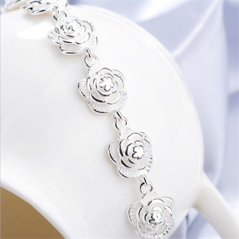 New 925 Stamp Silver color Full Rose Flower Chain Bracelet For Women elegant Fashion classic Wedding Party Gifts fine Jewelry