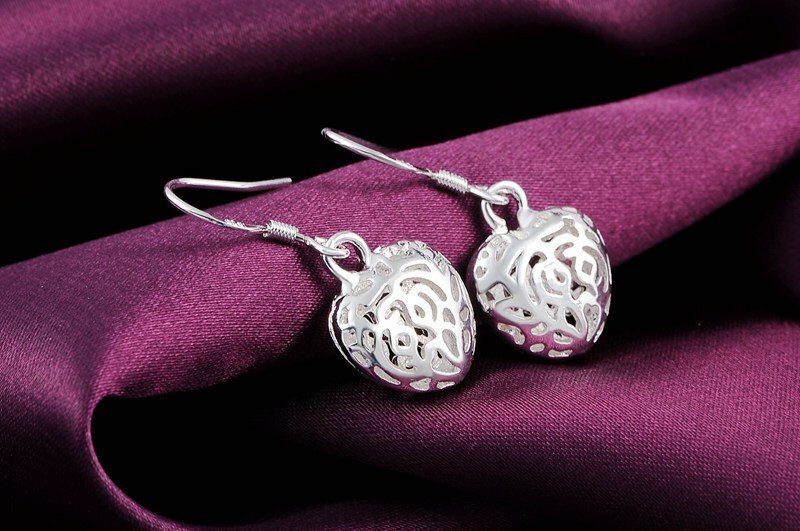 High Quality Jewelry  charm 925 Stamp Silver color Hollow Heart Earring for Woman  Fashion Bohemian Style lady Christmas Gifts
