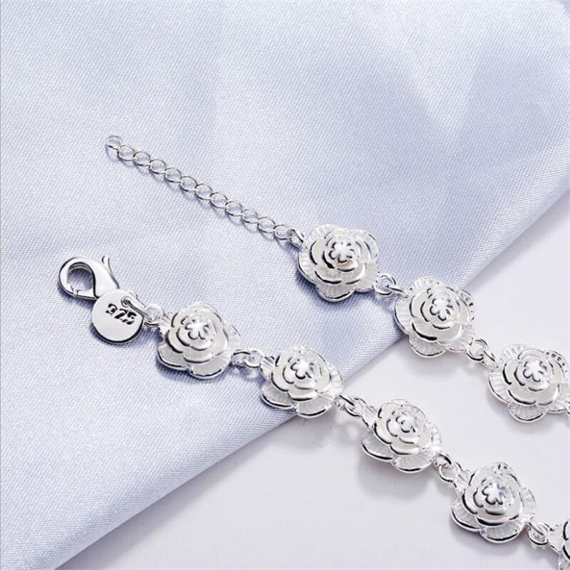 New 925 Stamp Silver color Full Rose Flower Chain Bracelet For Women elegant Fashion classic Wedding Party Gifts fine Jewelry