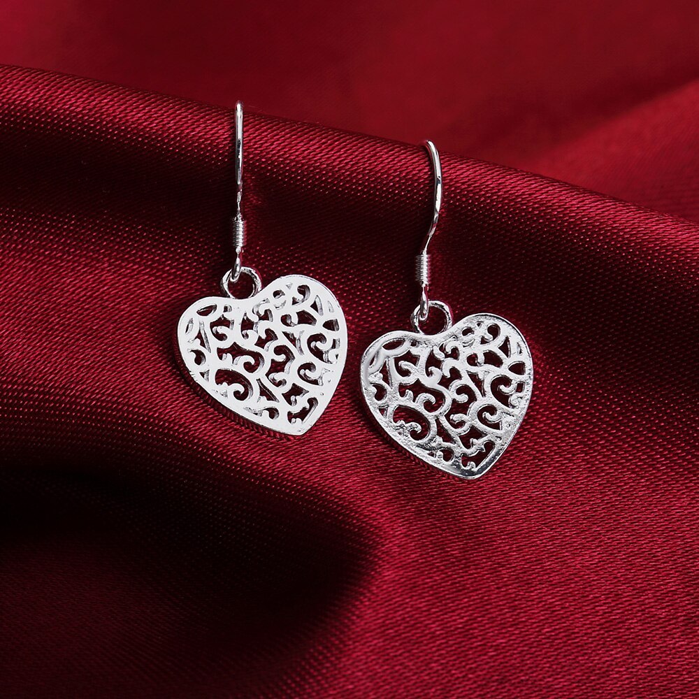 Special offer 925 Stamp Silver color heart Earrings for Women elegant fashion Jewelry Christmas Gift party wedding long earrings