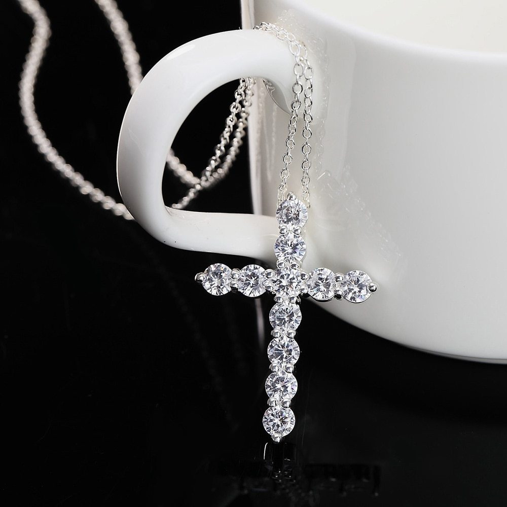 Luxury 925 Sterling Silver Necklace For Women Shiny crystal cross Pendant 18 inch Fashion wedding party Jewelry Christmas Gifts