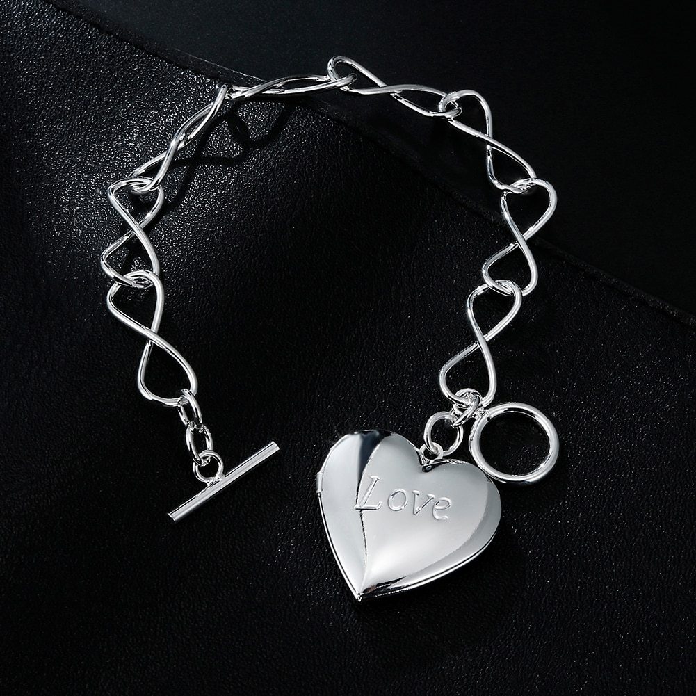 New 925 Stamp Silver color romantic LOVE Heart Frame Pendant Bracelets for women accessories Fashion charm party Wedding Jewelry