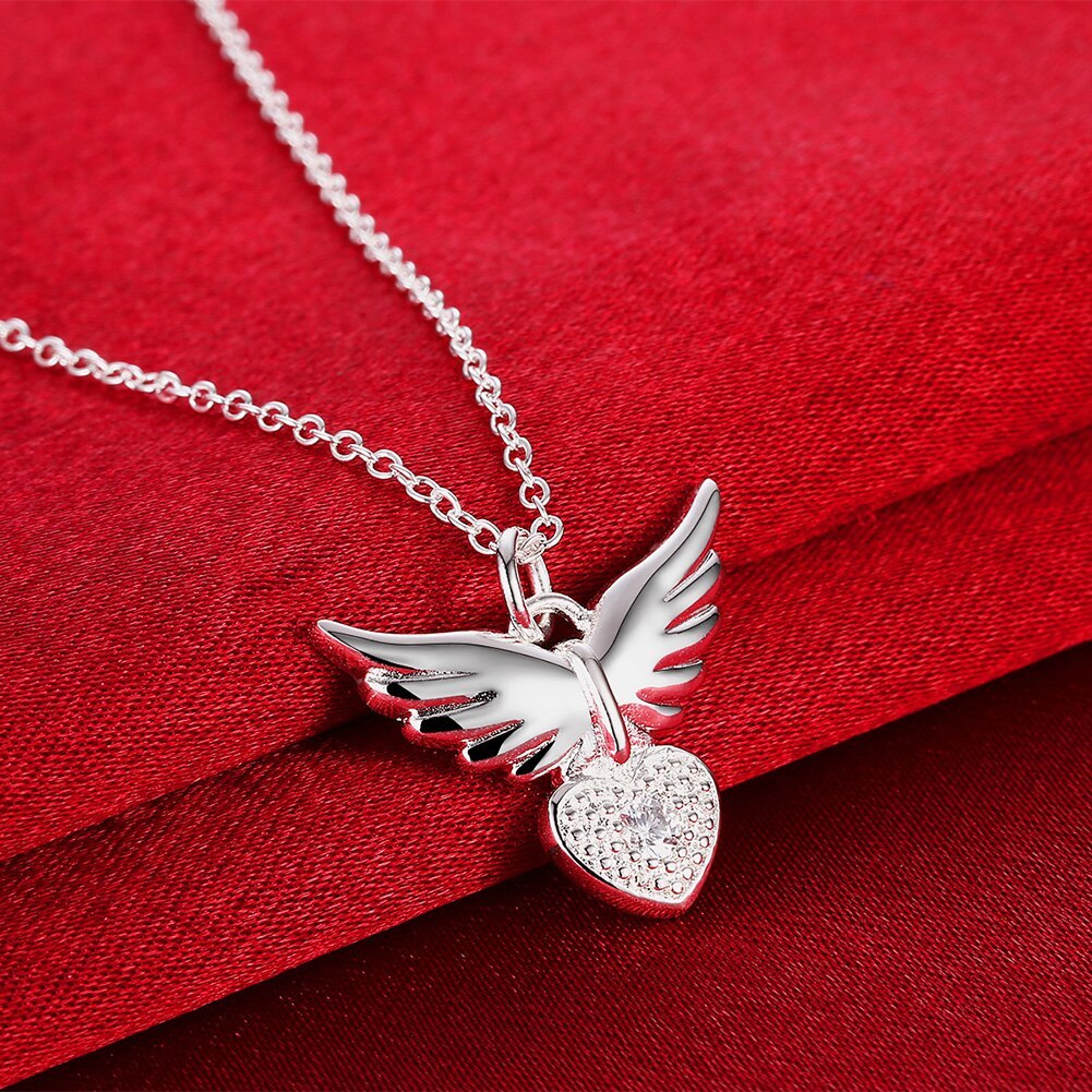 New 925 Stamp Silver color 18 inches Zircon elegant Heart wings Pendant Necklace For Women Fashion wedding Jewelry Gifts