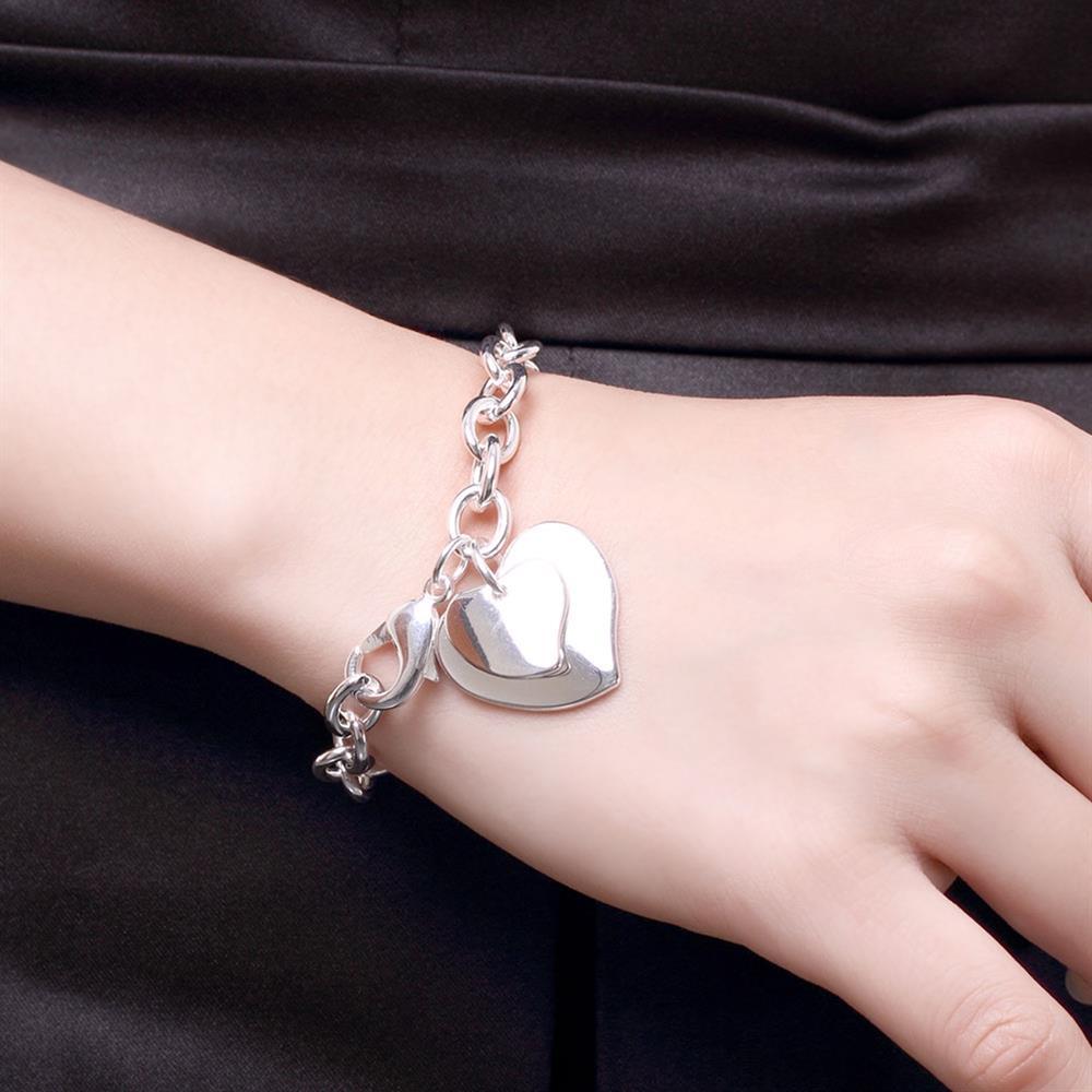 Factory direct fashion 925 Stamp Silver color Bracelet for woman double Heart card pendant chain jewelry Wedding party lady gift