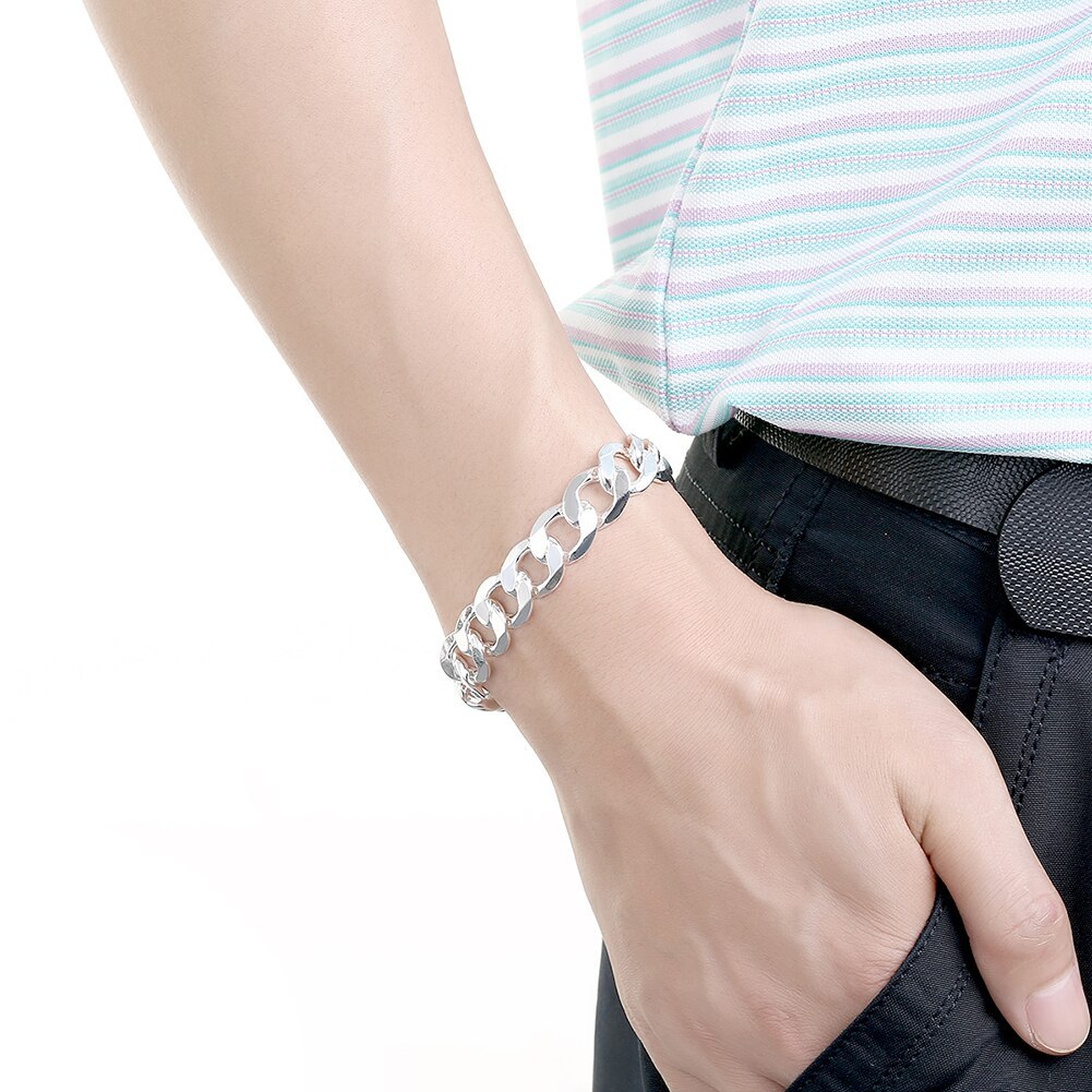Hot fine 925 Stamp Silver color classic 10mm Geometric chain bracelet necklace for Men's Jewelry sets Fashion Party Holiday gift