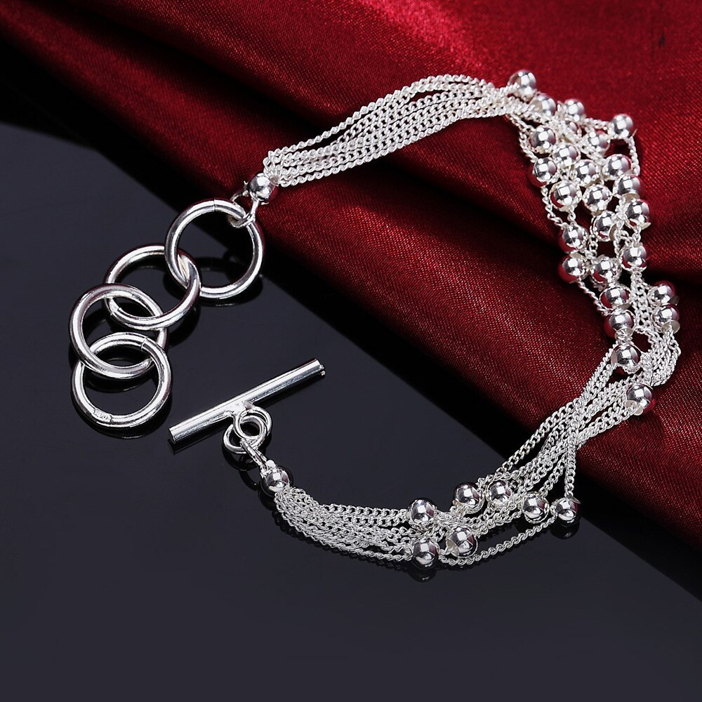 Hot charm 925 Stamp Silver color Bracelet for woman Five-line tassel beads chain Wedding party Christmas Gifts fashion Jewelry