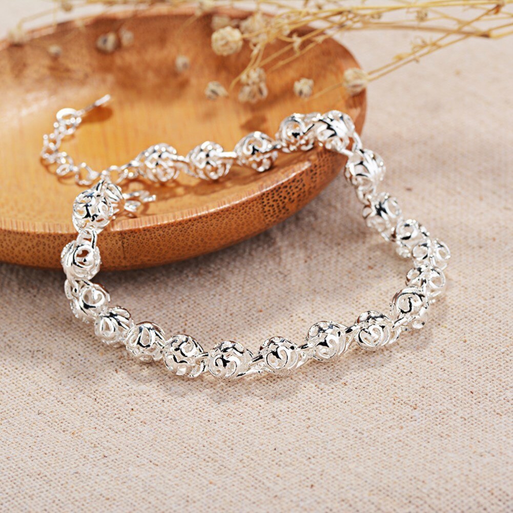 Factory direct sales new 925 Stamp Silver color Bracelet for Women lovely Hollow ball Chain Fashion Wedding Party Gift Jewelry
