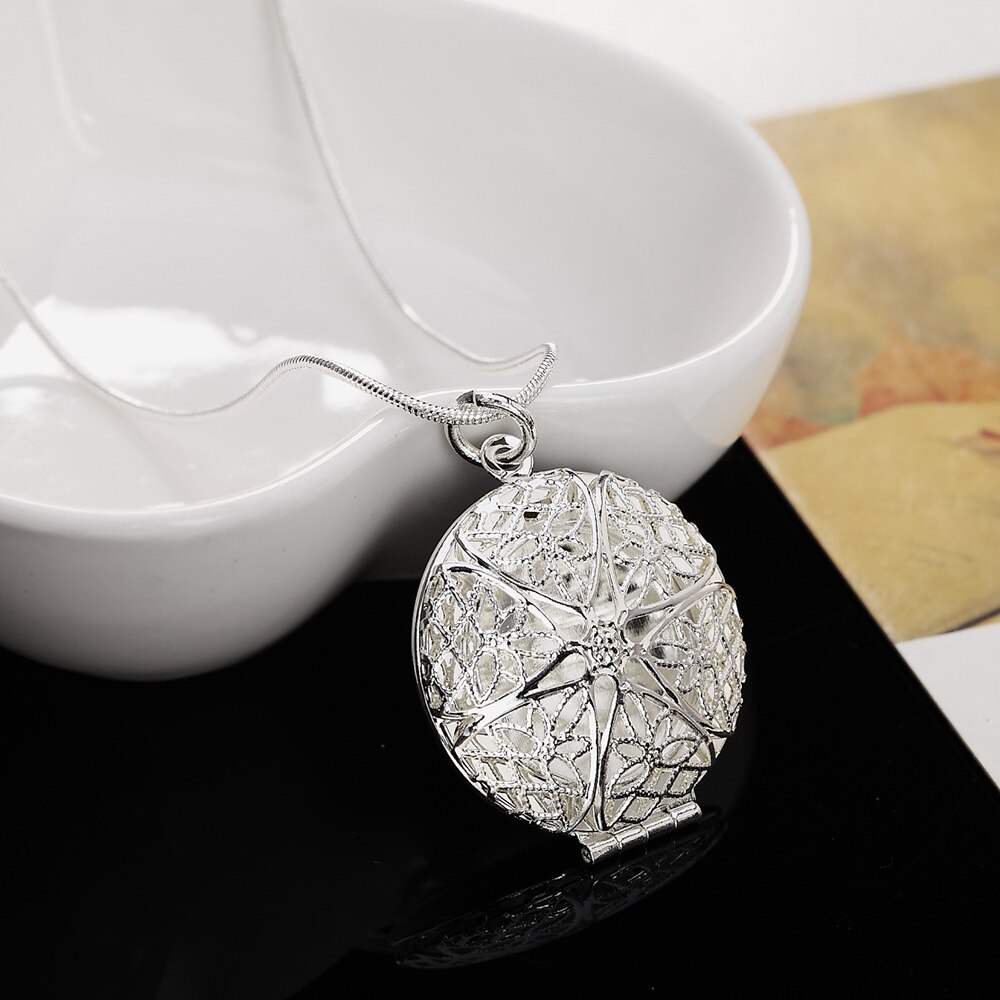 Hot 925 Stamp Silver color Round photo frame Pendant Necklace For Women 18 inches Christmas gift fashion wedding party Jewelry