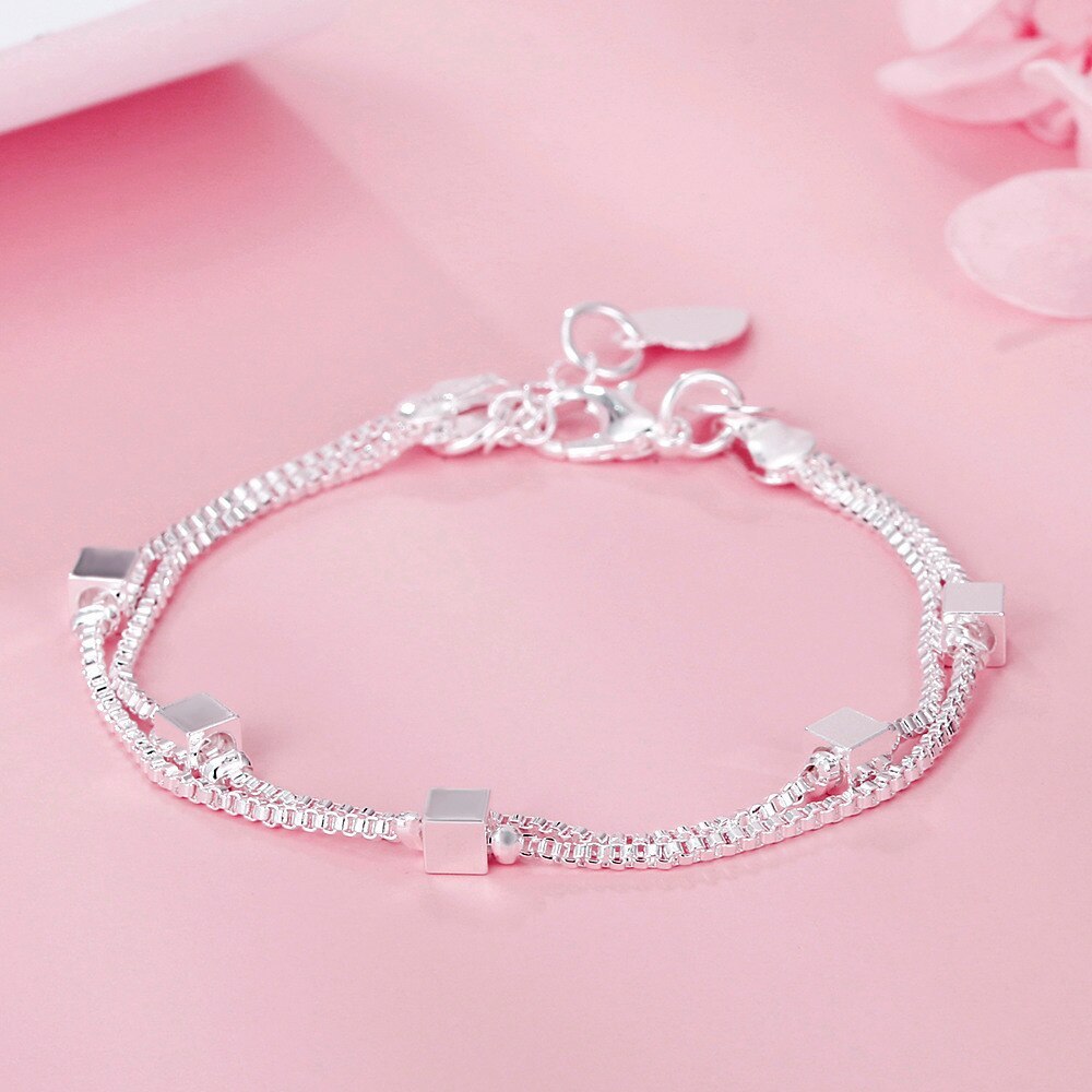 Hot 925 Stamp silver Pretty square box chain bracelets for women casual fashion party wedding Accessories Jewelry holiday gifts