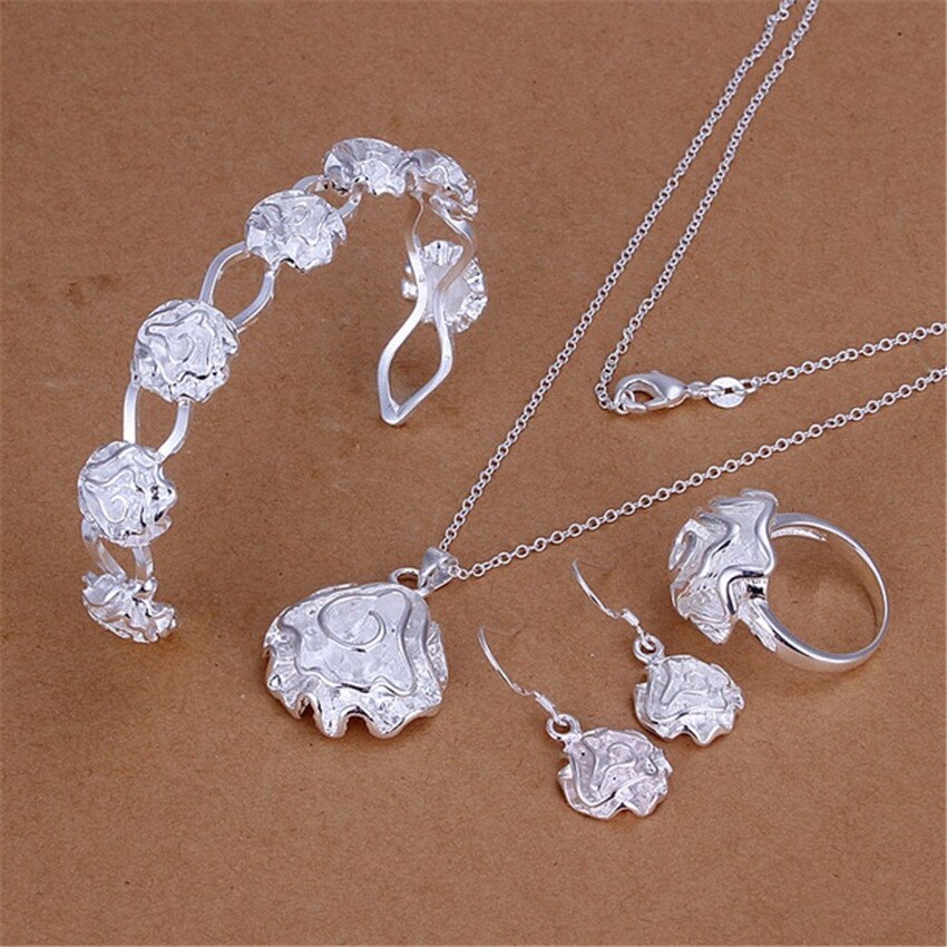 New 925 Stamp Silver color Jewelry set rose flower bangle Bracelets rings Pendant necklaces earring for women Party gifts