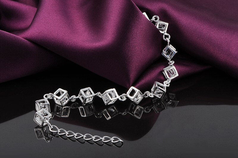 Fashion 925 Stamp Silver color Bracelet for woman Shining crystal lattice chain fine Luxury jewelry Wedding party beautiful gift