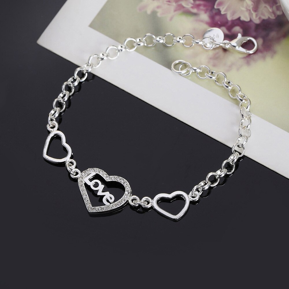 Factory direct 925 Stamp Silver color Bracelets for Women crystal LOVE heart Fashion Wedding Party Christmas Gifts fine Jewelry
