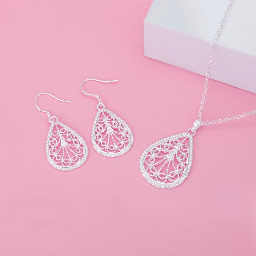 Luxury 925 Stamped Silver romantic water drop pattern Pendant Necklace earrings For Women fashion party wedding Jewelry set gift