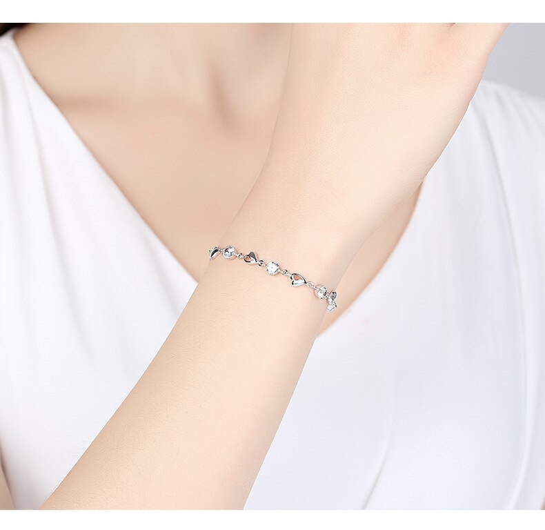 925 Stamp Silver color Zircon Lovers Heart Shaped Bracelets crystals  For Women Valentines Gift Wedding party noble Jewelry
