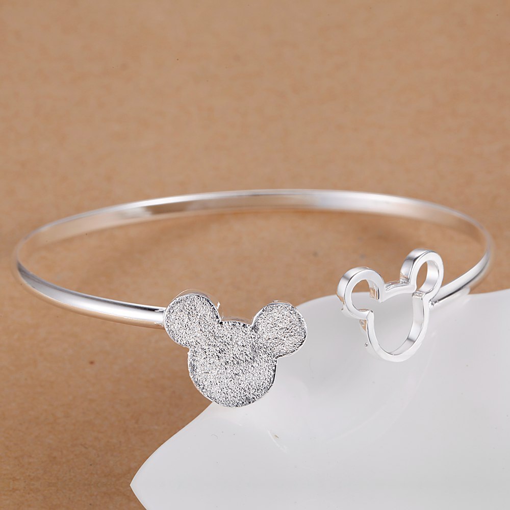 Fashion hot 925 Stamp Silver color Bracelets fine Frosted Mickey bangle for Women adjustable Party wedding Gifts Jewelry student