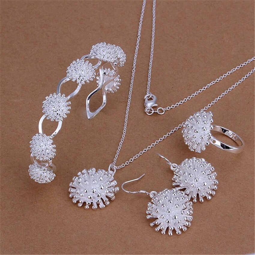 925 Stamp Silver color Fireworks Pendant necklace earring bangles bracelet rings Jewelry set for women Hot charm Fashion Party