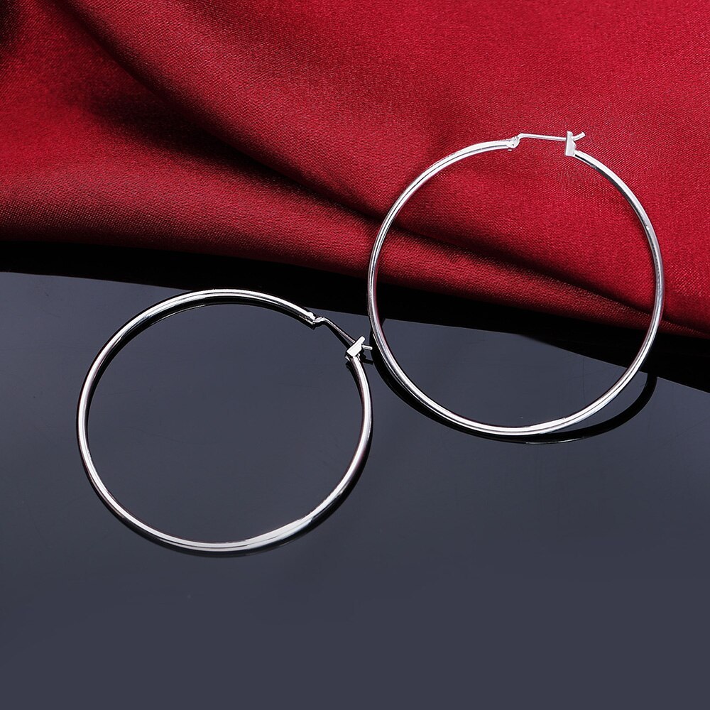 High Quality Solid 925 Stamp Silver color Earrings for Women Party Jewelry 5CM Big Circle Earrings Fashion lady Christmas Gifts
