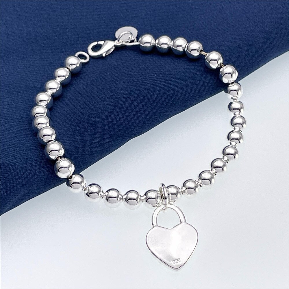 925 Stamp Silver color Pretty 6MM beads chain Heart Bracelets for Women Fashion party wedding accessories Jewelry Christmas gift
