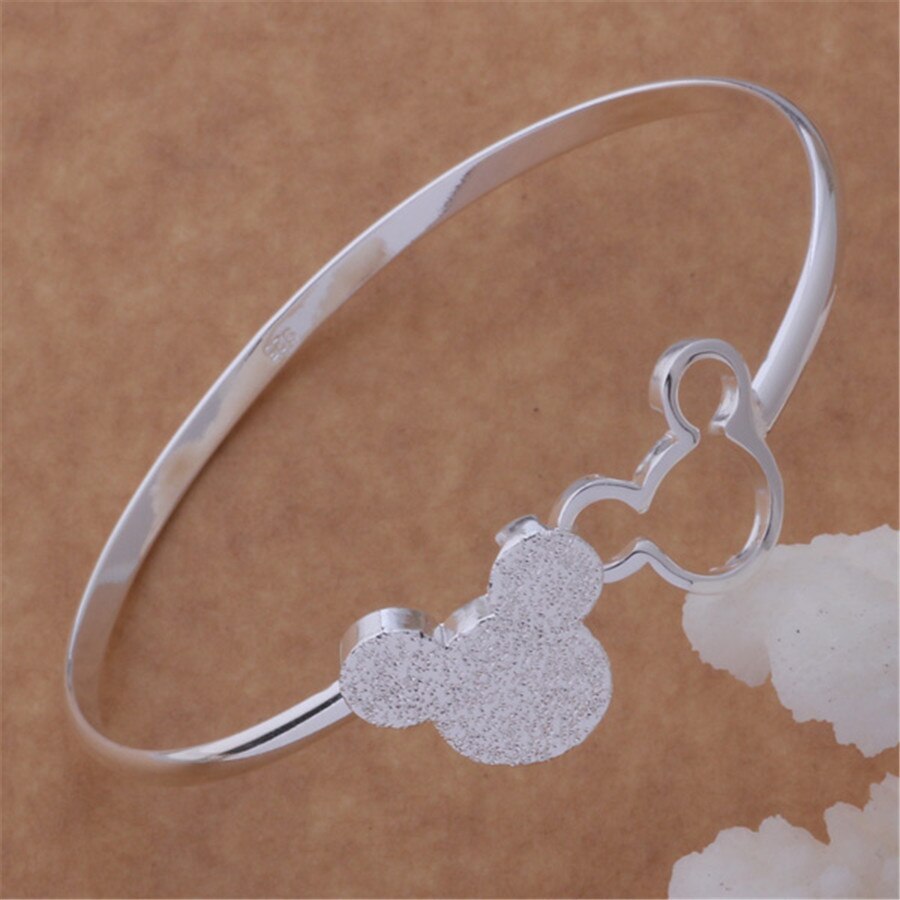 Fashion hot 925 Stamp Silver color Bracelets fine Frosted Mickey bangle for Women adjustable Party wedding Gifts Jewelry student